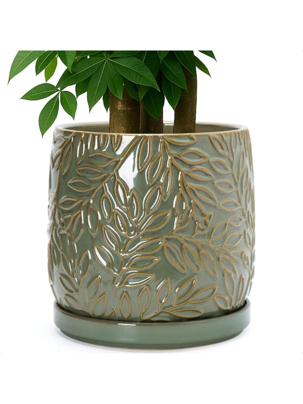 10-Inch Olive Ceramic Planter with Embossed Leaves - Stylish Home Decor Accent